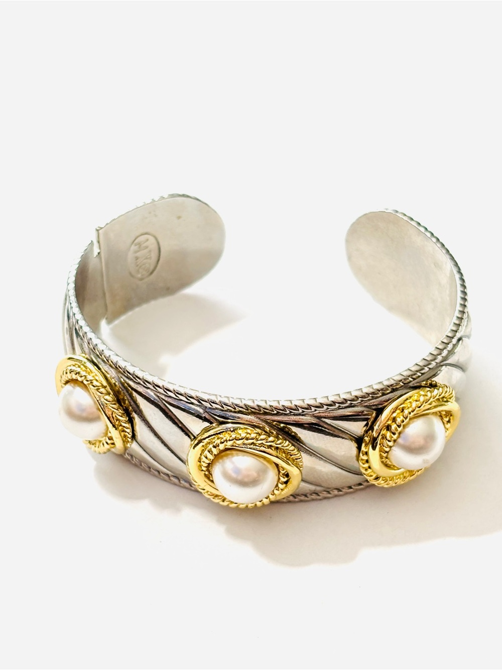 Vintage 1990s Michael Morrison MX Faux Pearl Two Tone Hinged Cuff Bracelet